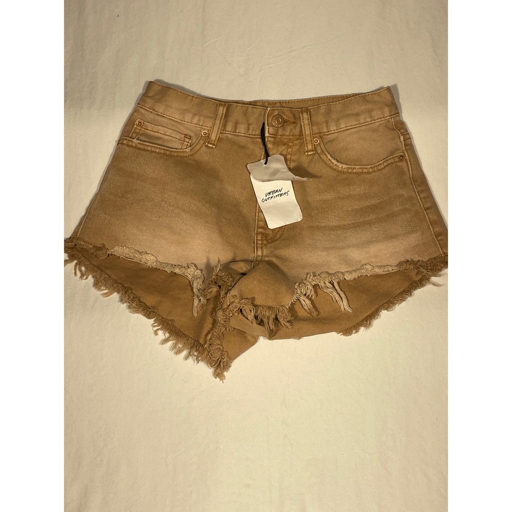 BDG Urban Outfitters Cheeky Short Tan Denim Raw Hem High Waisted Size 26 NEW